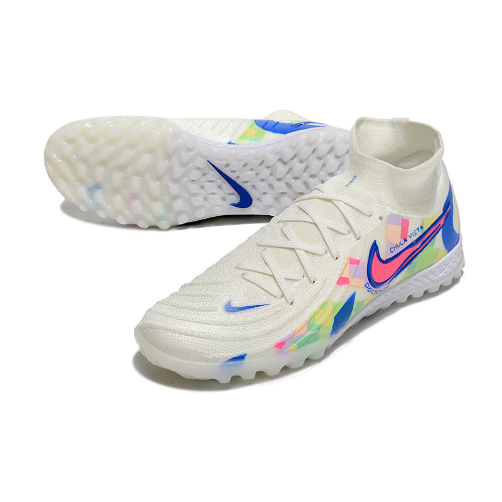 Chuteira Society Nike Phantom Luna 2 Elite TF Branca, Azul e Rosa