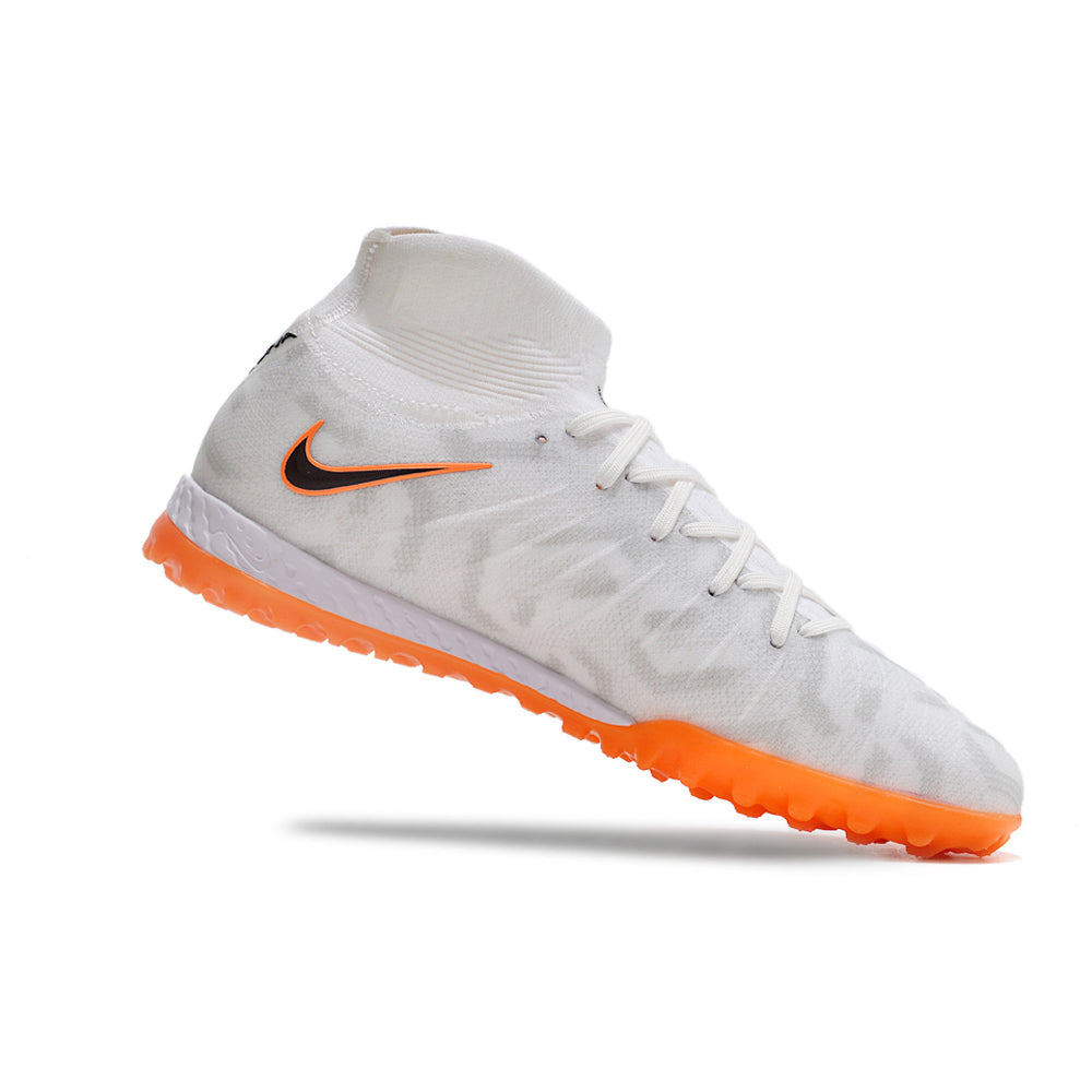 Chuteira Society Nike Phantom Luna Elite TF Branca e Laranja 