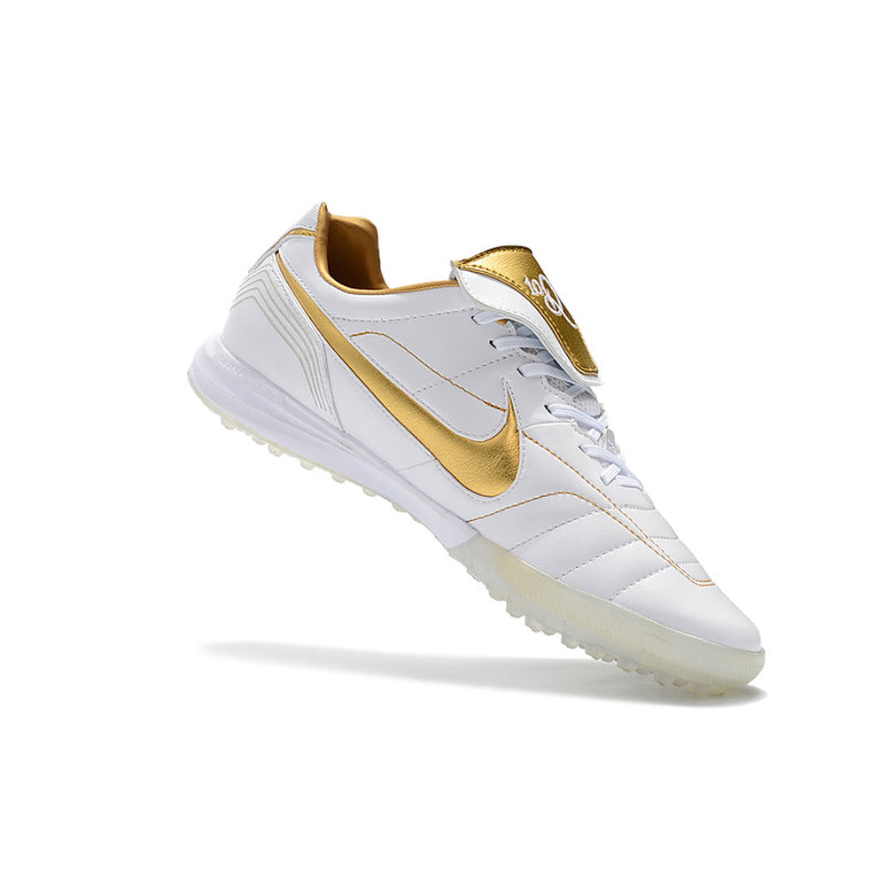 Chuteira Society Nike Retrô Tiempo Legend 7 Elite TF Branca e Dourado R10