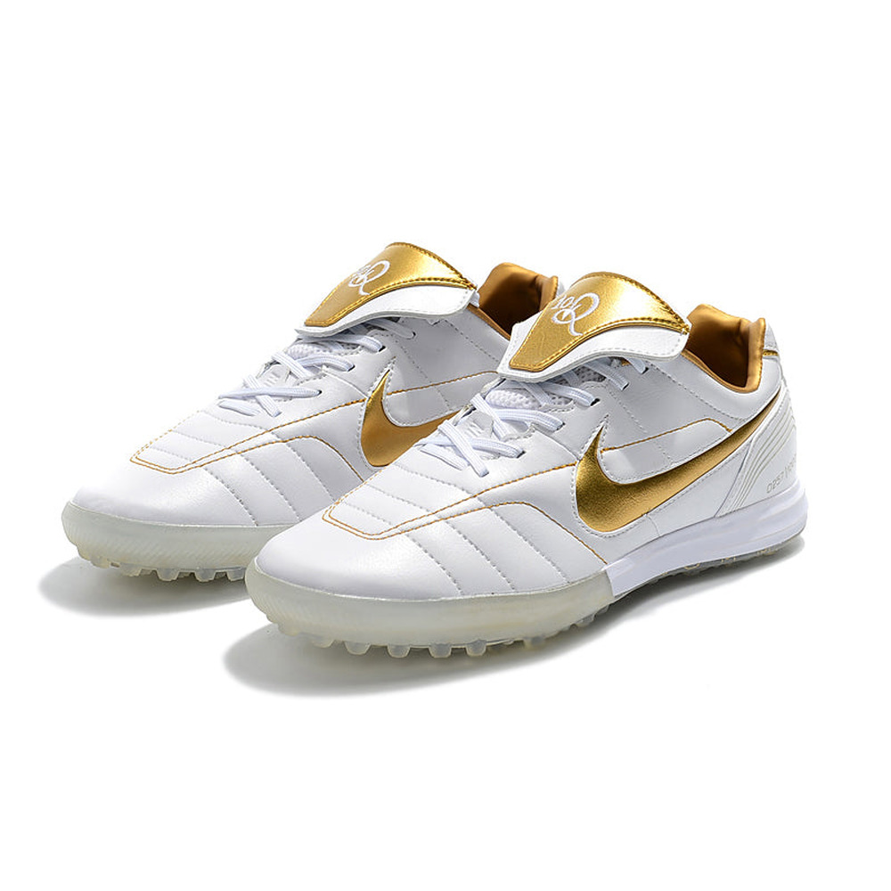 Chuteira Society Nike Retrô Tiempo Legend 7 Elite TF Branca e Dourado R10