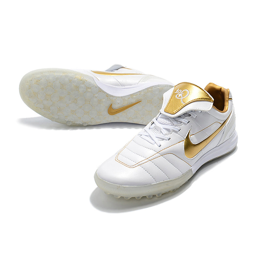 Chuteira Society Nike Retrô Tiempo Legend 7 Elite TF Branca e Dourado R10