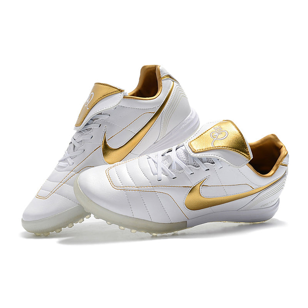 Chuteira Society Nike Retrô Tiempo Legend 7 Elite TF Branca e Dourado R10
