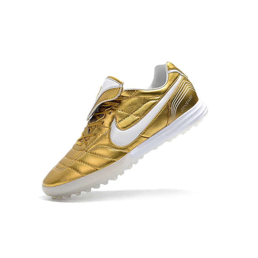 Chuteira Society Nike Retrô Tiempo Legend 7 Elite TF Dourado e Branco R10