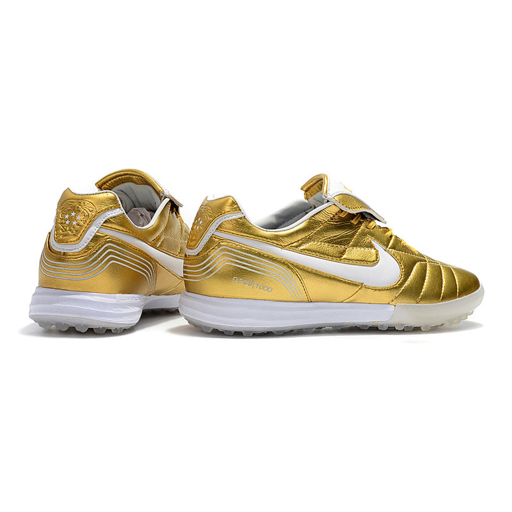 Chuteira Society Nike Retrô Tiempo Legend 7 Elite TF Dourado e Branco R10
