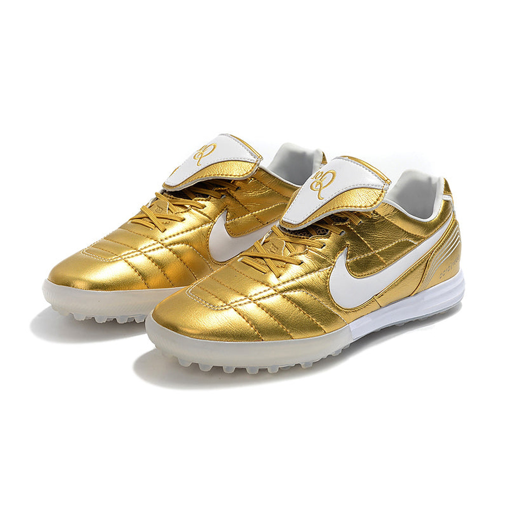 Chuteira Society Nike Retrô Tiempo Legend 7 Elite TF Dourado e Branco R10
