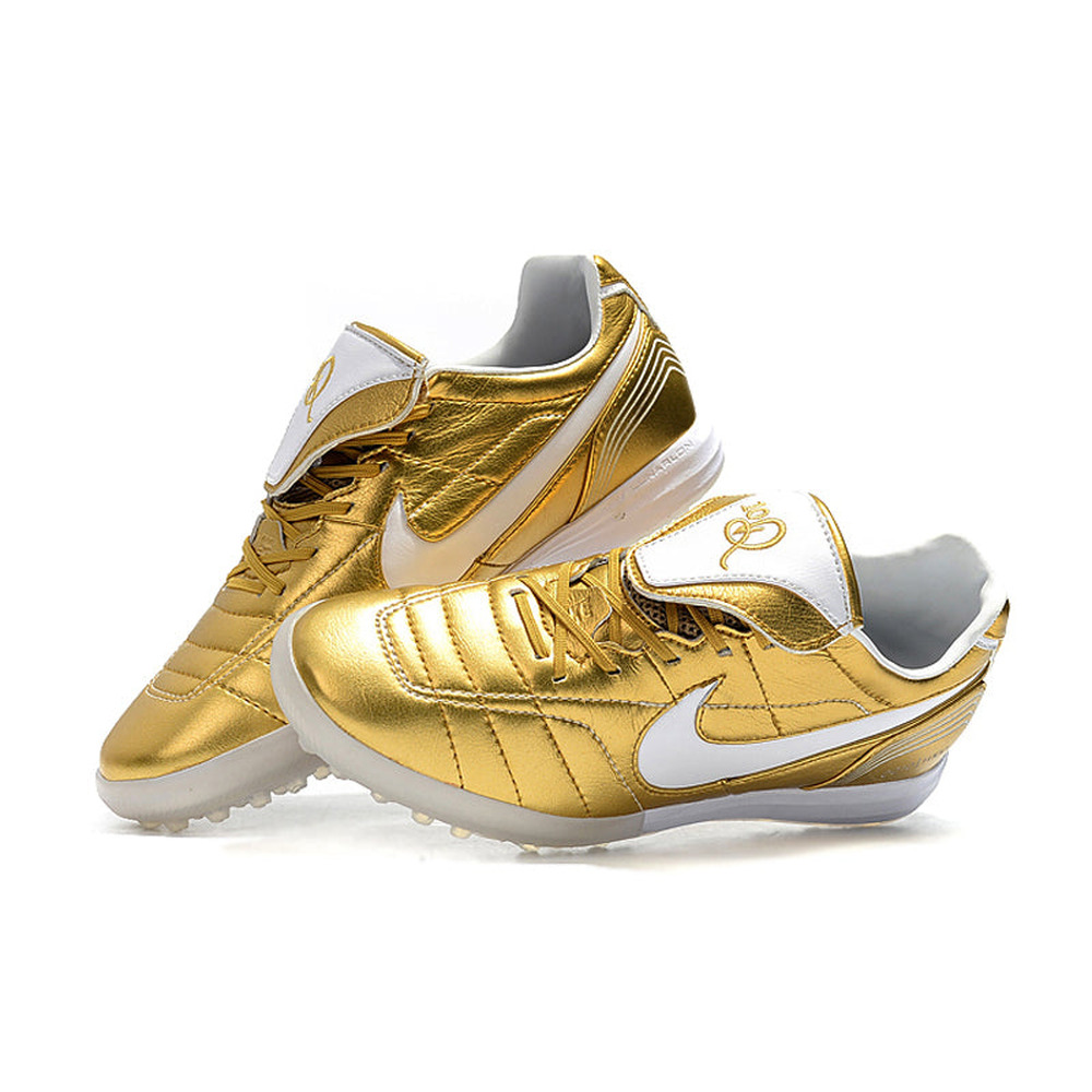Chuteira Society Nike Retrô Tiempo Legend 7 Elite TF Dourado e Branco R10
