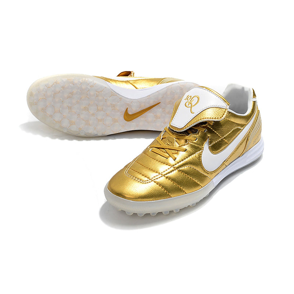 Chuteira Society Nike Retrô Tiempo Legend 7 Elite TF Dourado e Branco R10