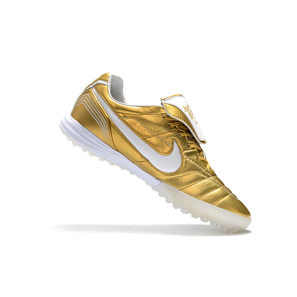 Chuteira Society Nike Retrô Tiempo Legend 7 Elite TF Dourado e Branco R10
