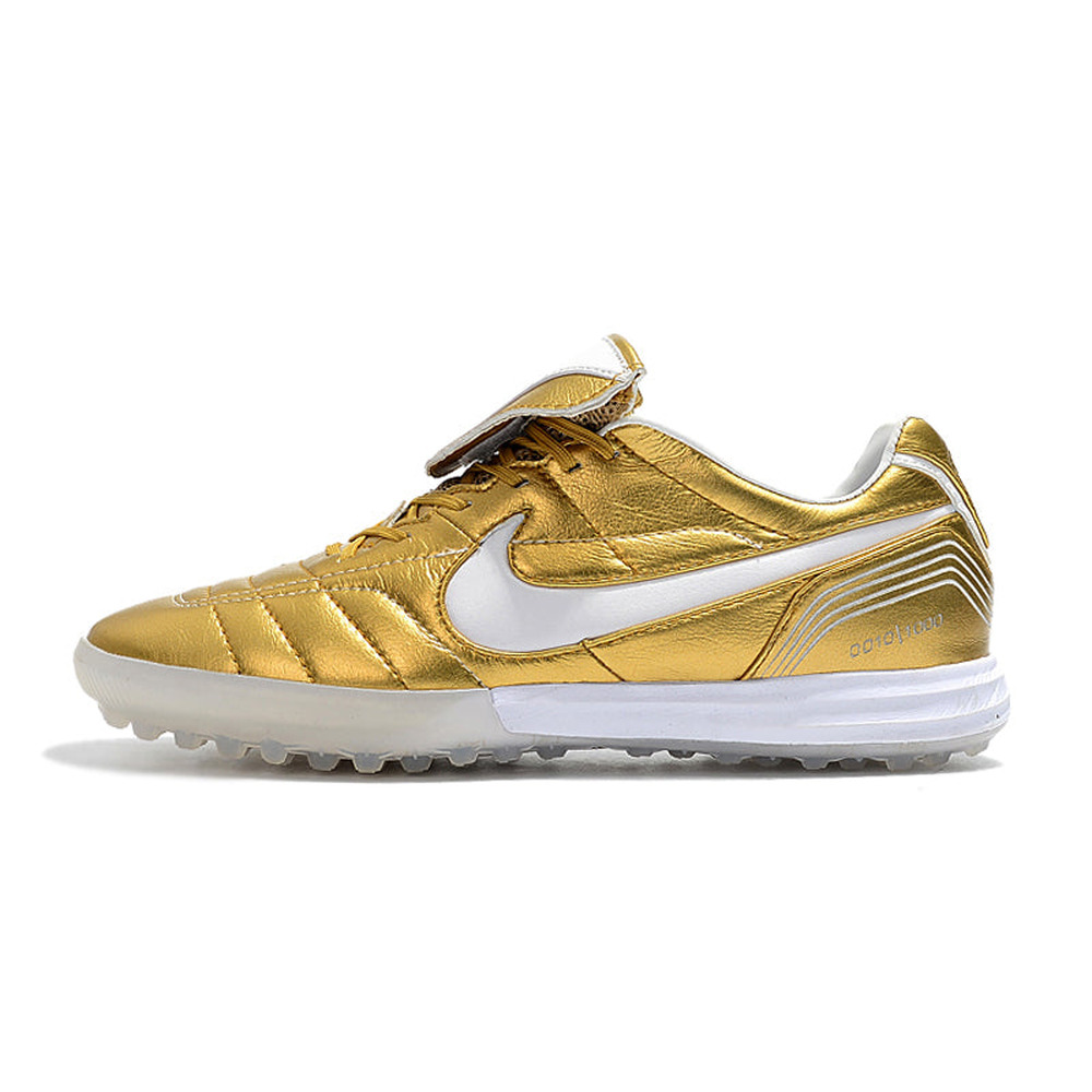 Chuteira Society Nike Retrô Tiempo Legend 7 Elite TF Dourado e Branco R10