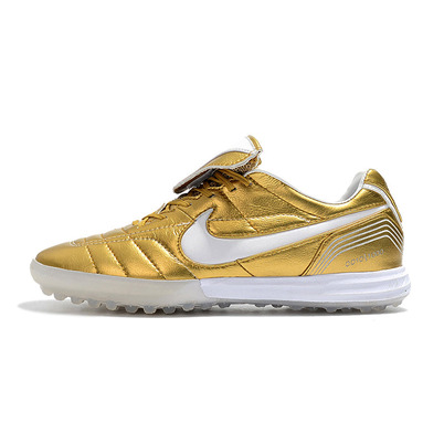 Chuteira Society Nike Retrô Tiempo Legend 7 Elite TF Dourado e Branco R10
