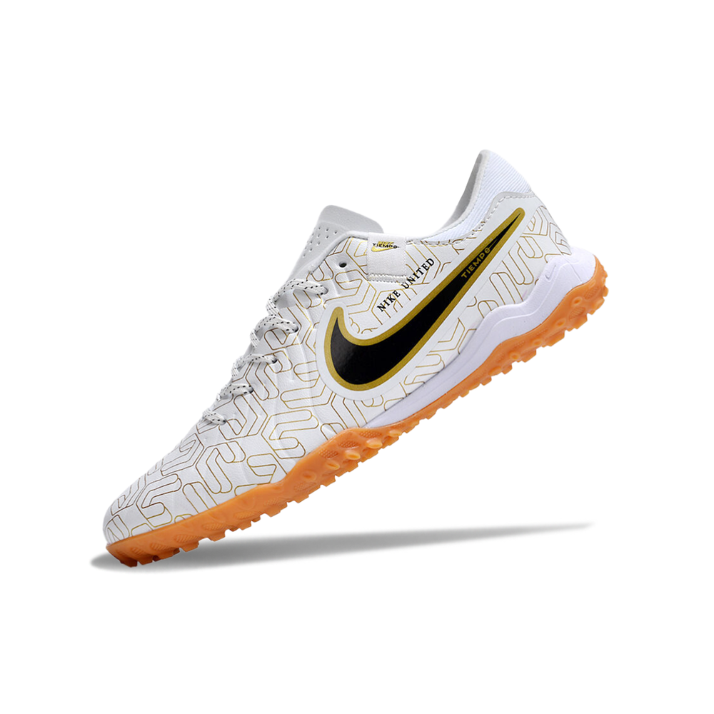 Chuteira Society Nike Tiempo Legend 10 Pro TF Branca e Dourada 
