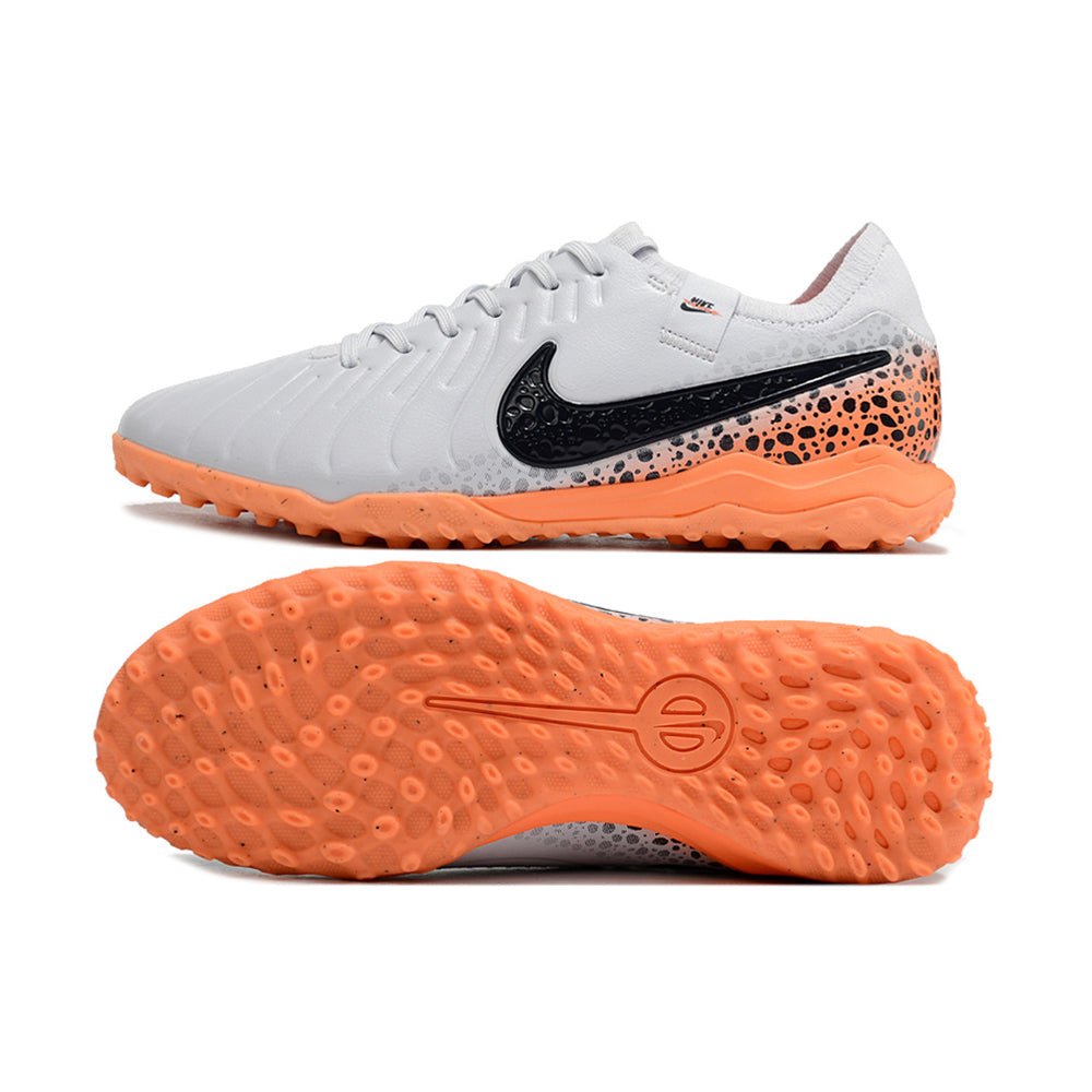 Chuteira Society Nike Tiempo Legend 10 Pro TF Branca, Preta e Laranja 