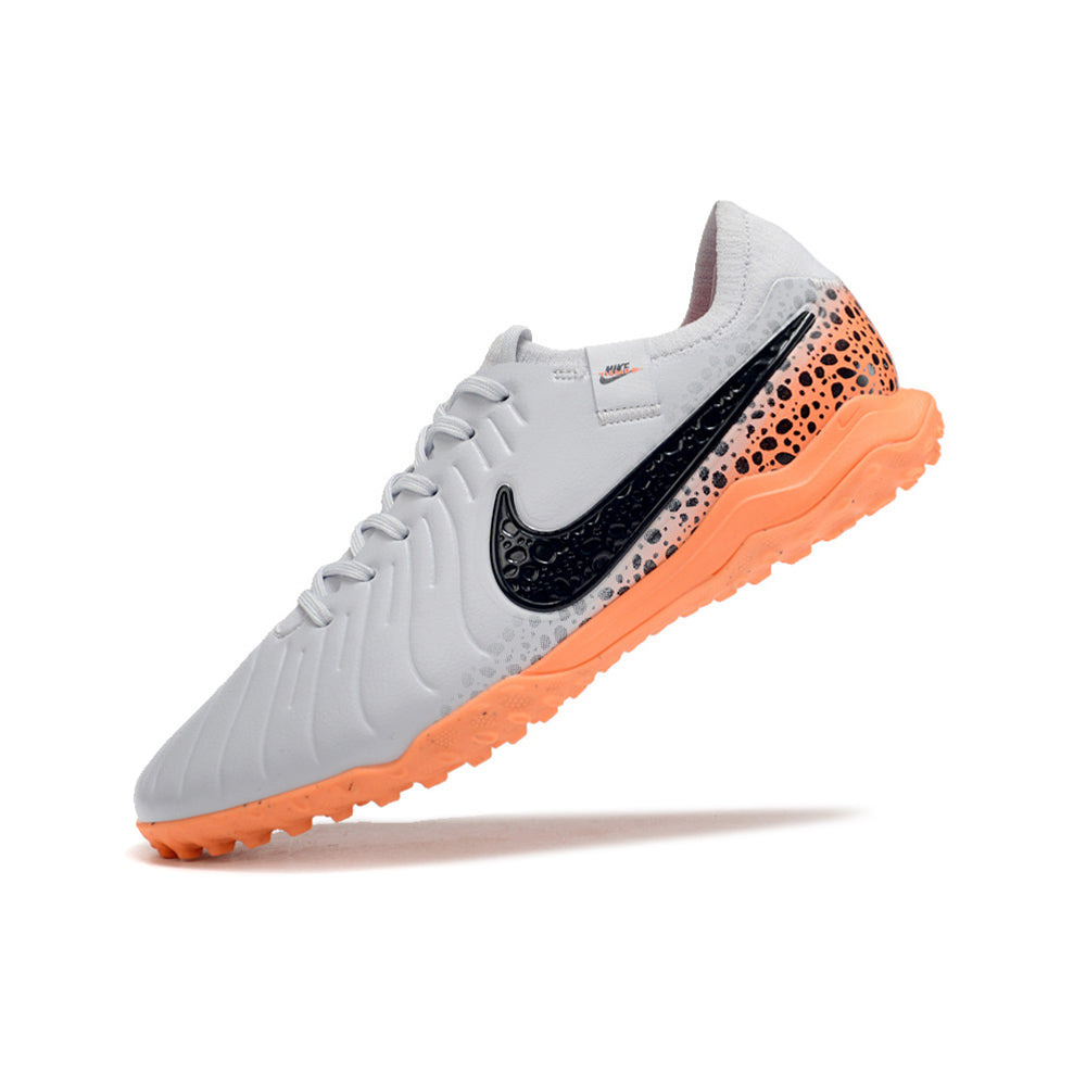 Chuteira Society Nike Tiempo Legend 10 Pro TF Branca, Preta e Laranja 