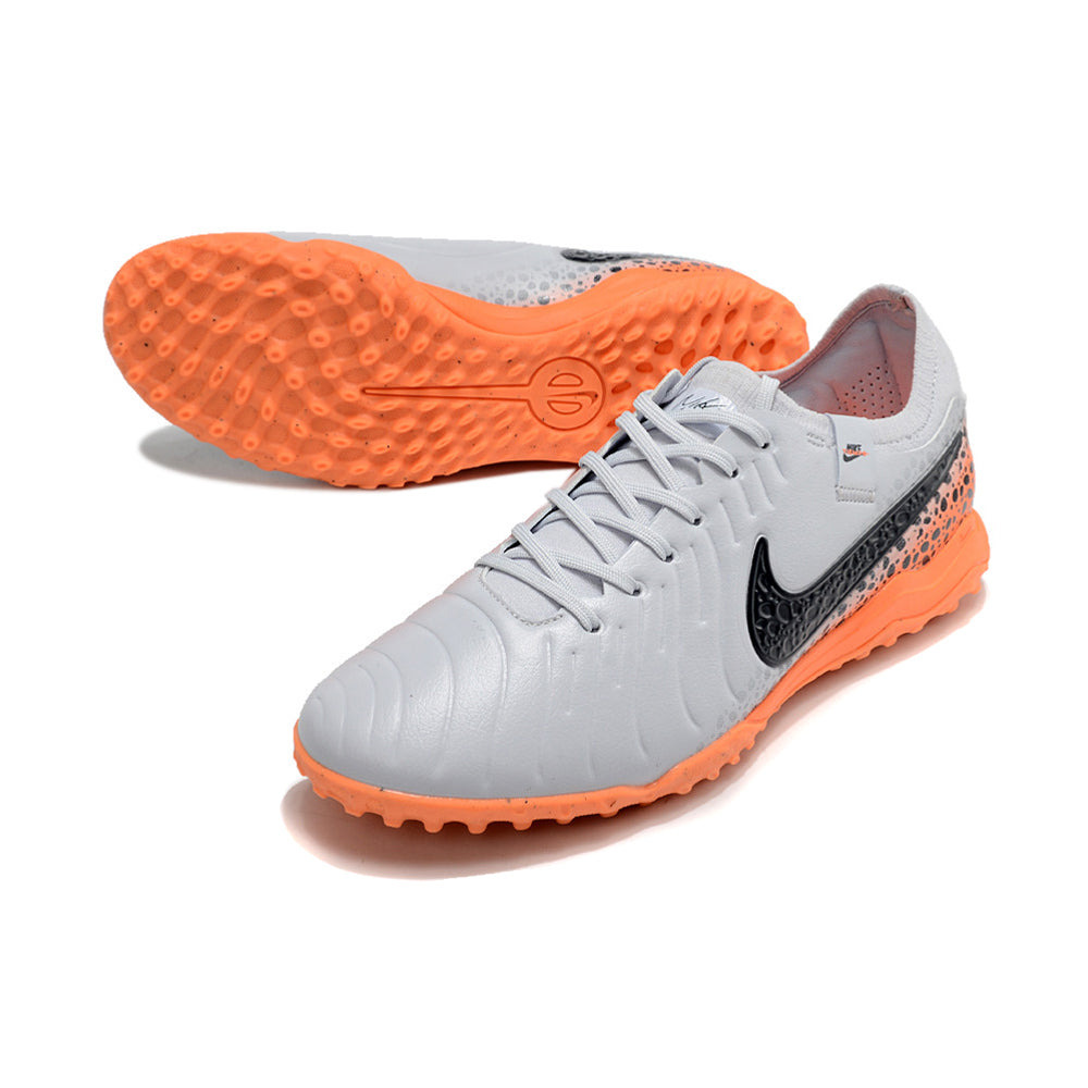 Chuteira Society Nike Tiempo Legend 10 Pro TF Branca, Preta e Laranja 