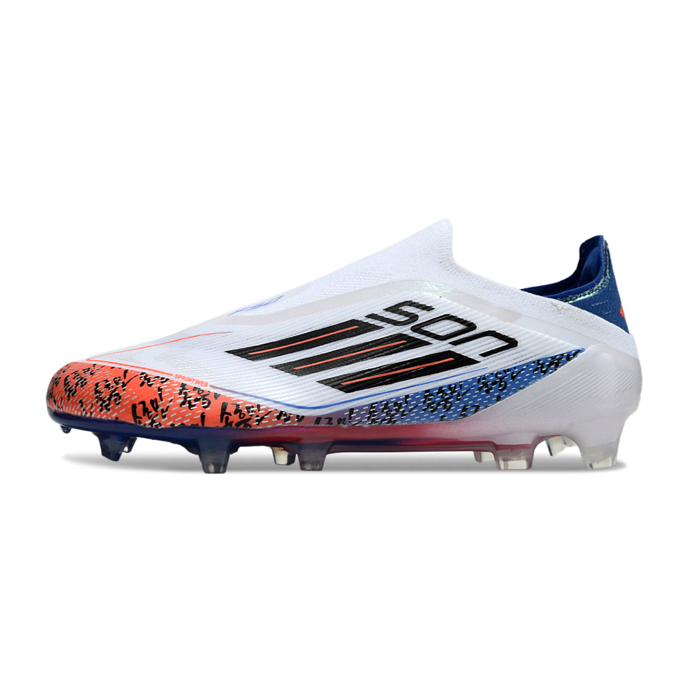 Chuteira Campo Adidas F50+ LL FG Branca, Laranja e Azul
