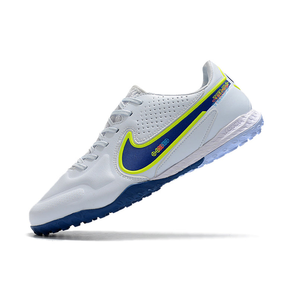 Chuteira Society Nike Tiempo Legend 9 Elite TF Branca e Azul 