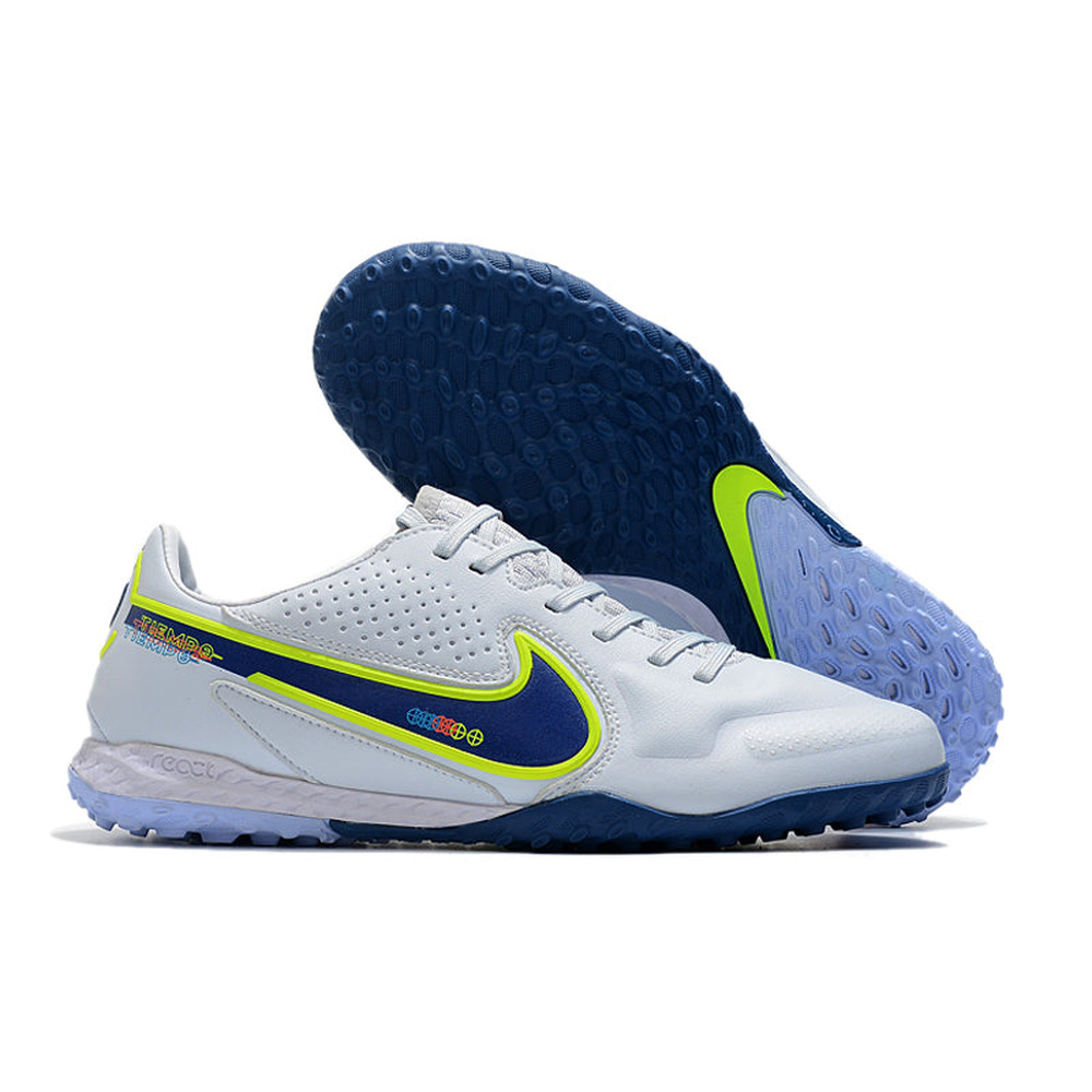 Chuteira Society Nike Tiempo Legend 9 Elite TF Branca e Azul 