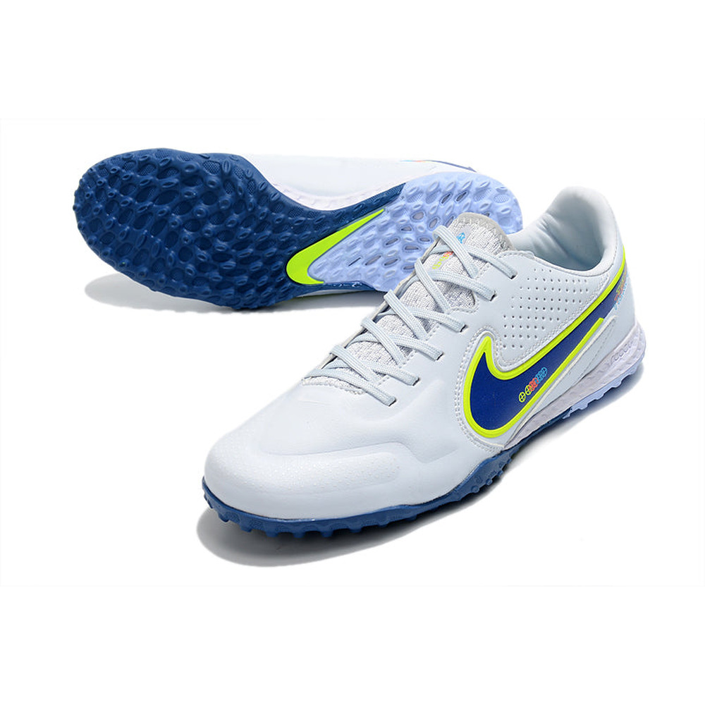 Chuteira Society Nike Tiempo Legend 9 Elite TF Branca e Azul 