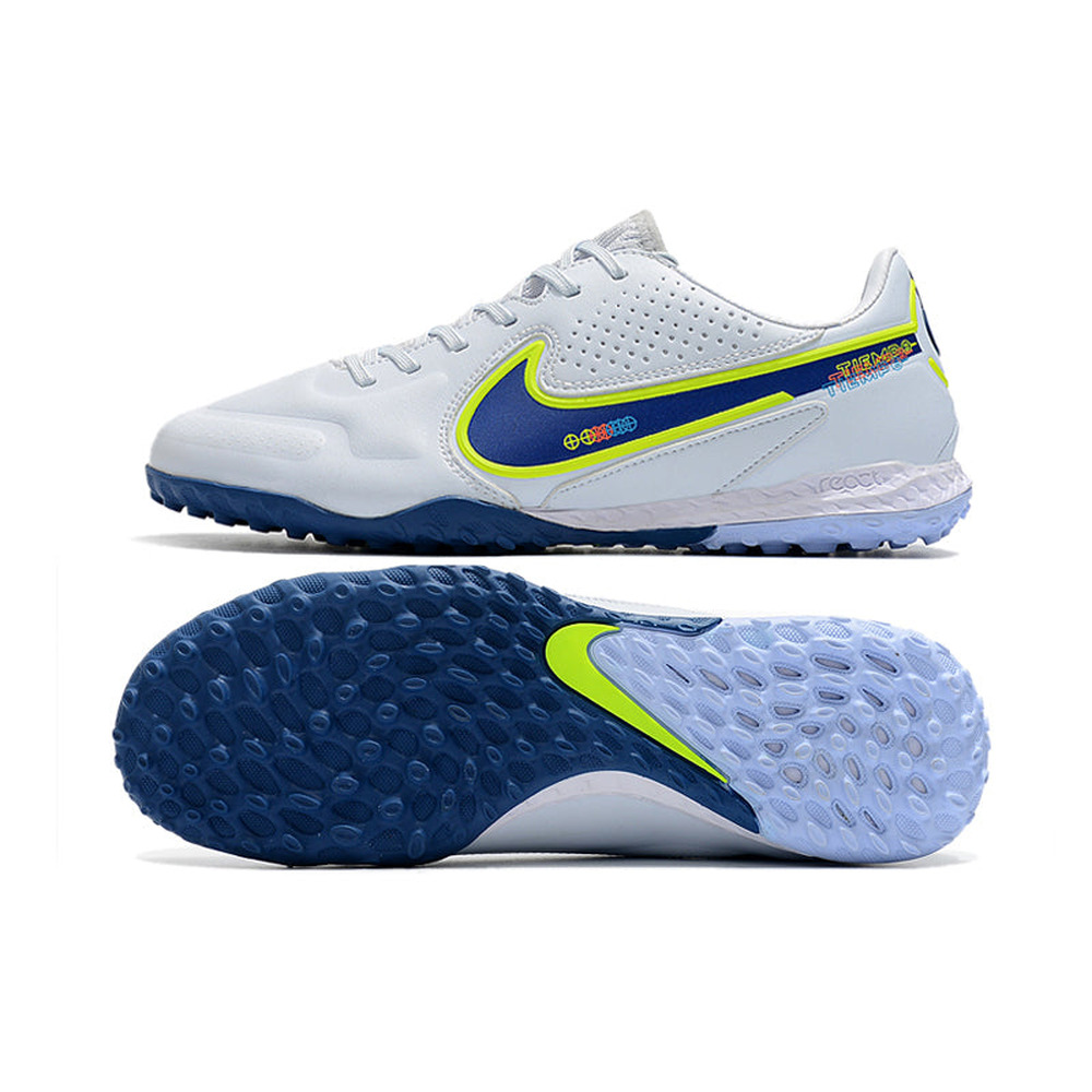 Chuteira Society Nike Tiempo Legend 9 Elite TF Branca e Azul 