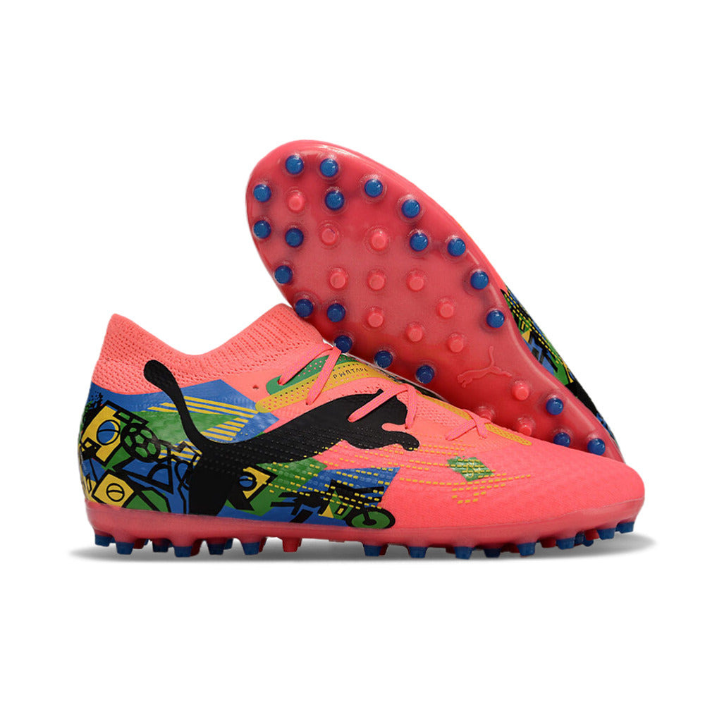 Chuteira Society Puma Future 7 MG Rosa, Azul, Verde e Amarelo 