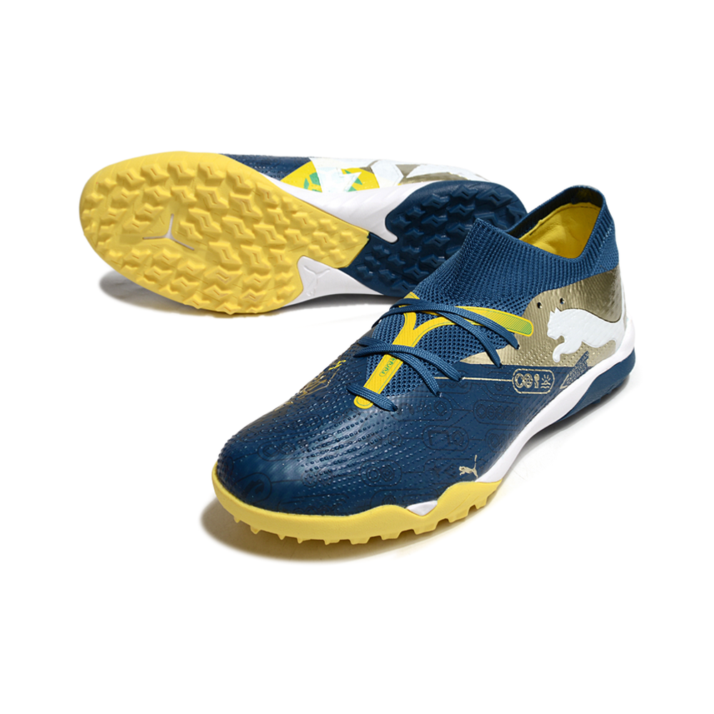 Chuteira Society Puma Future 7 TF Azul e Amarelo 