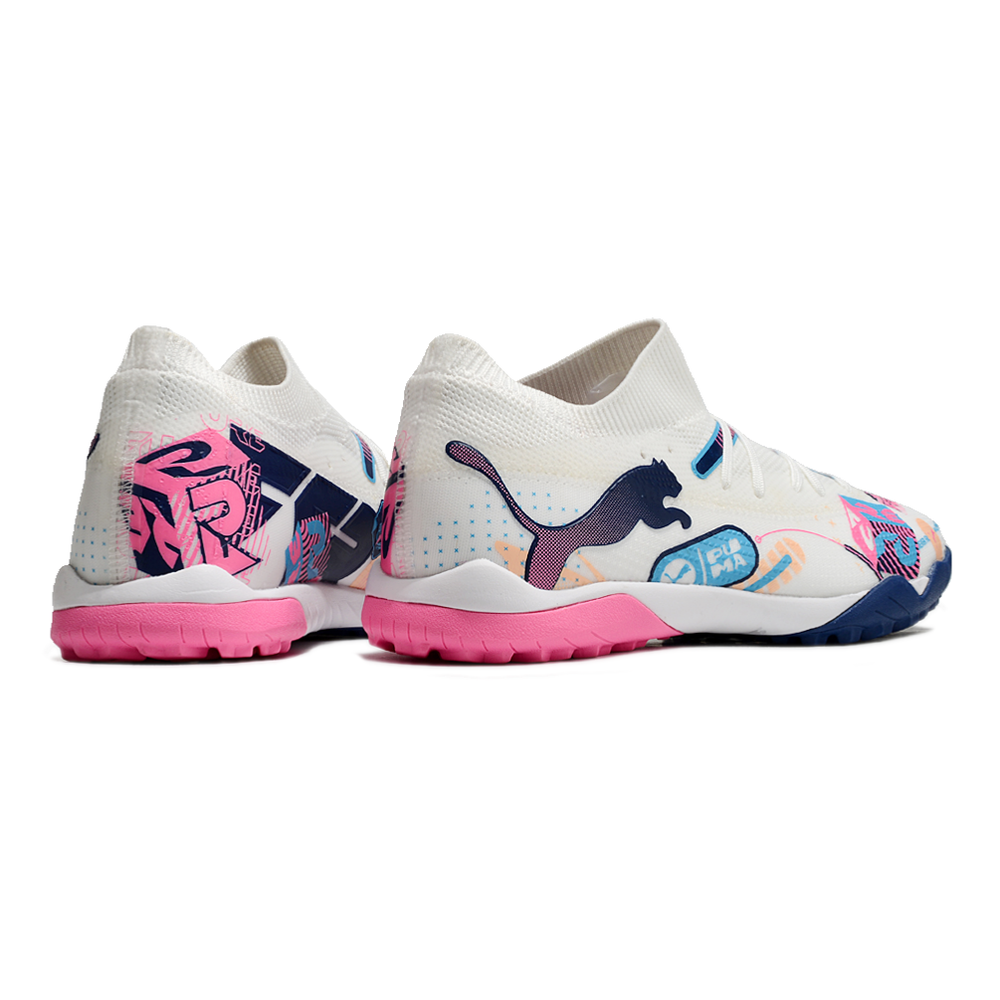 Chuteira Society Puma Future 7 TF Branca, Azul e Rosa 