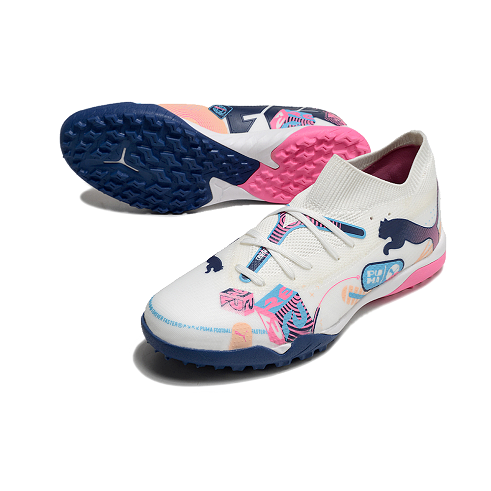 Chuteira Society Puma Future 7 TF Branca, Azul e Rosa 