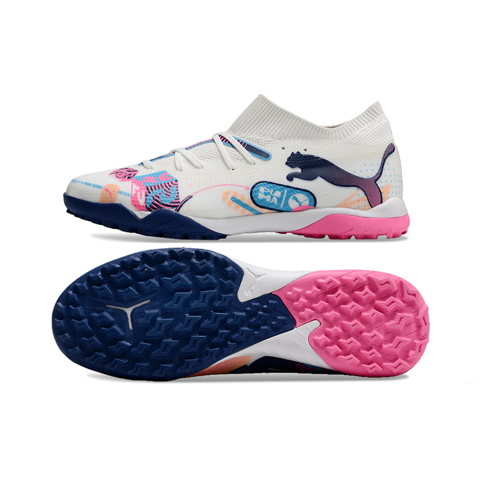 Chuteira Society Puma Future 7 TF Branca, Azul e Rosa 