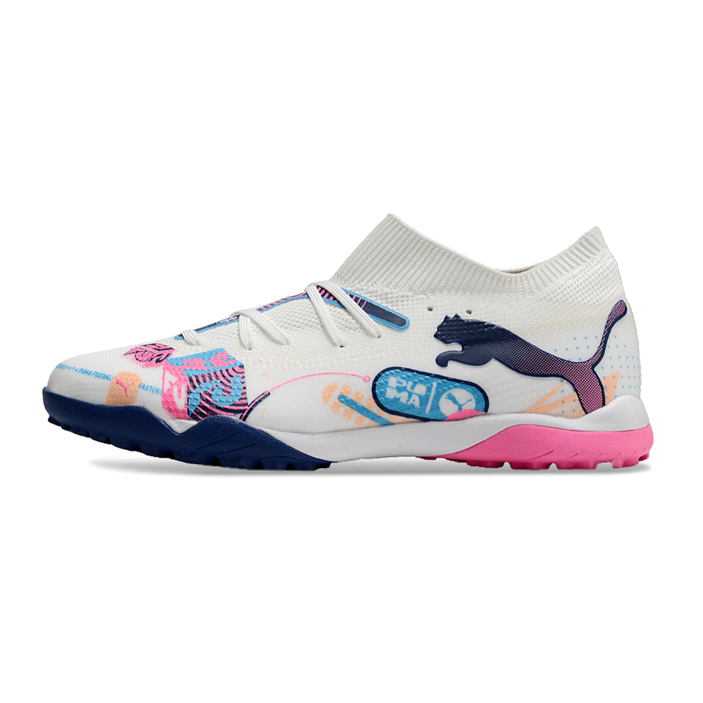 Chuteira Society Puma Future 7 TF Branca, Azul e Rosa 