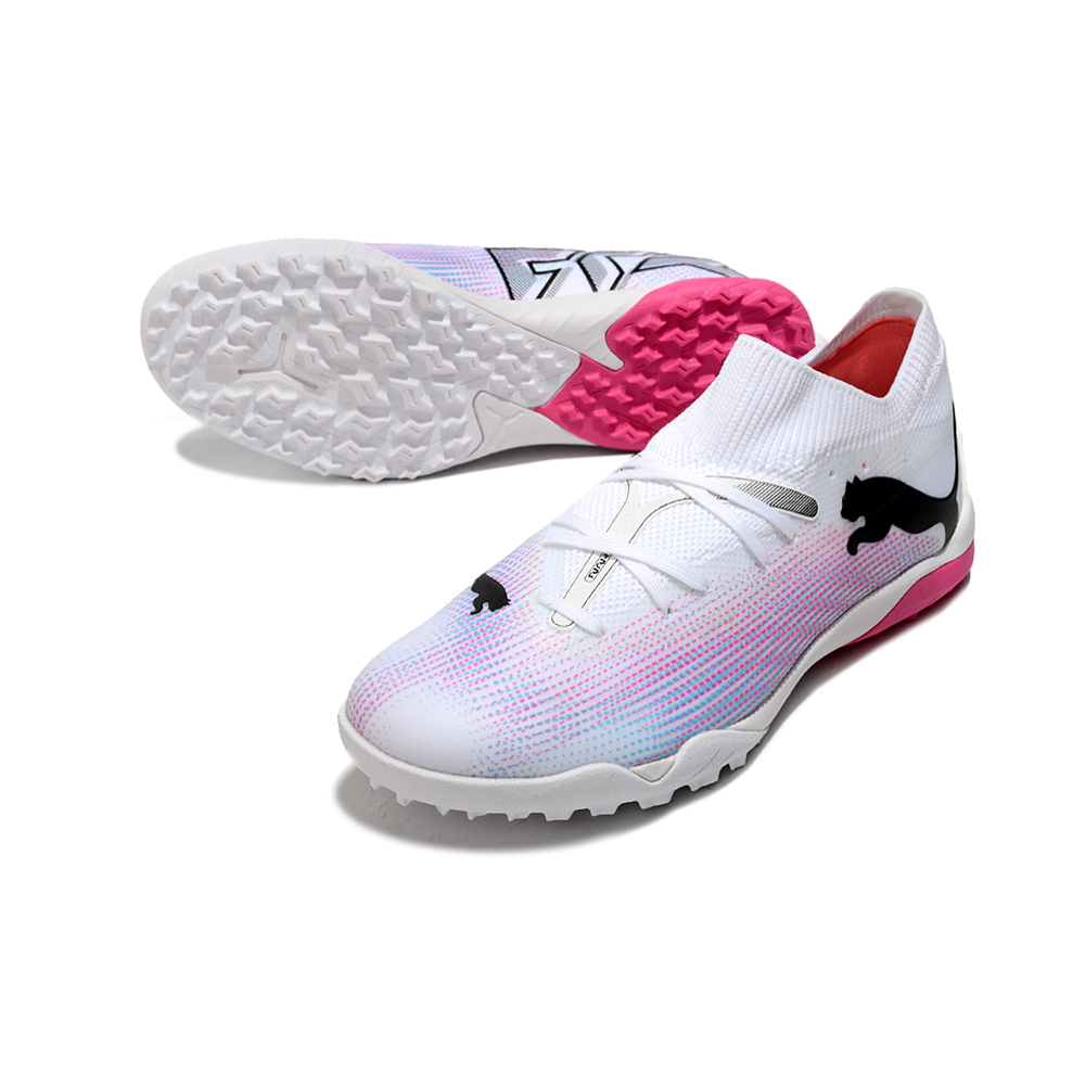 Chuteira Society Puma Future 7 TF Branca, Rosa e Azul 