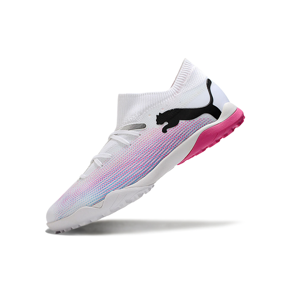 Chuteira Society Puma Future 7 TF Branca, Rosa e Azul 