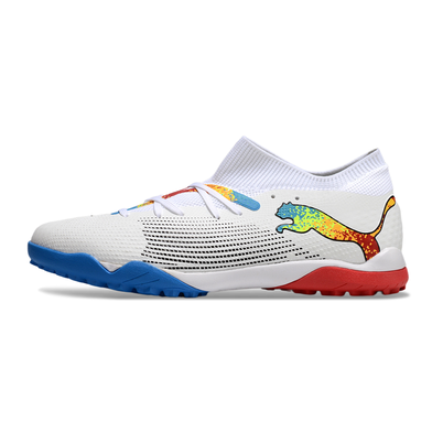 Chuteira Society Puma Future 7 TF Branco, Azul e Vermelho