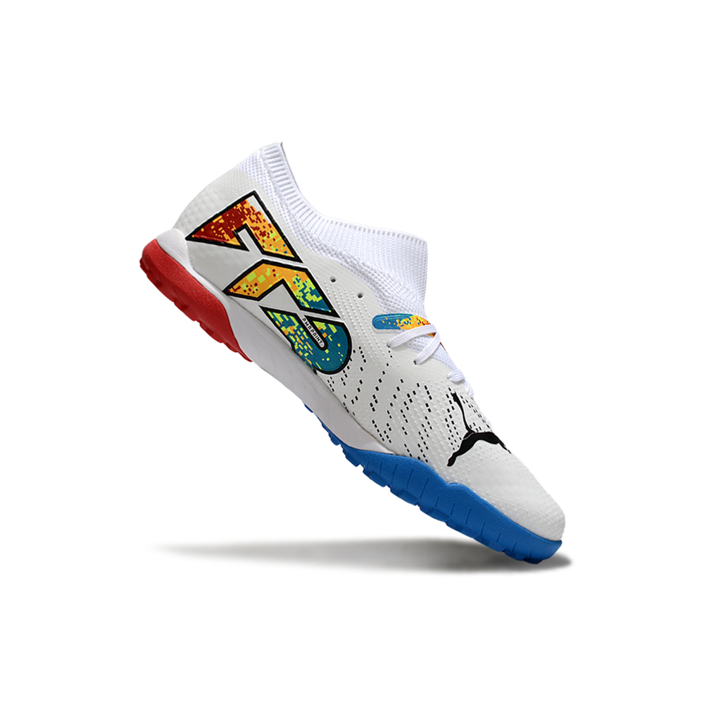 Chuteira Society Puma Future 7 TF Branco, Azul e Vermelho