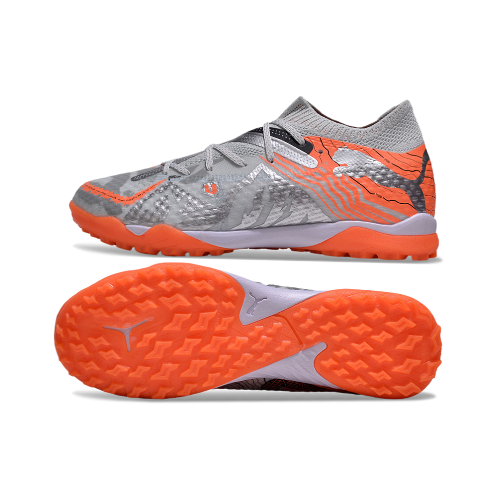 Chuteira Society Puma Future 7 TF Cinza e Laranja