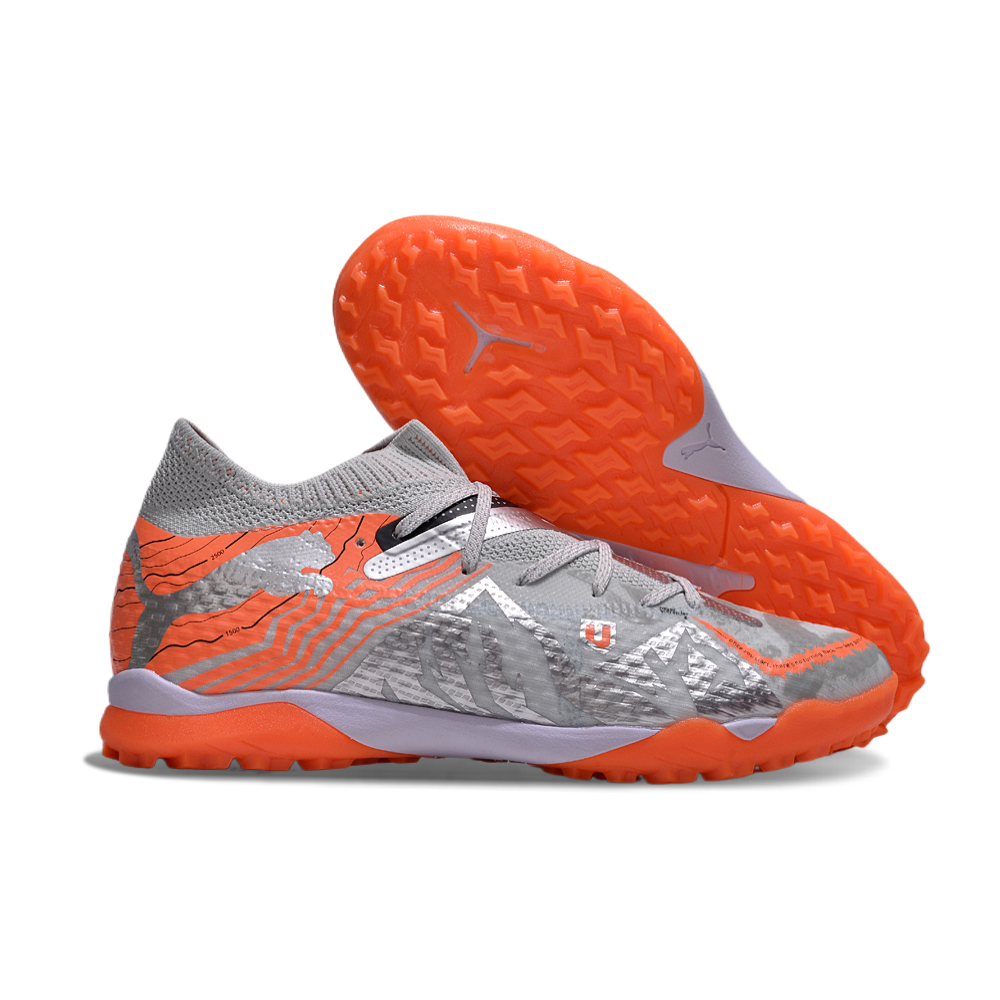 Chuteira Society Puma Future 7 TF Cinza e Laranja