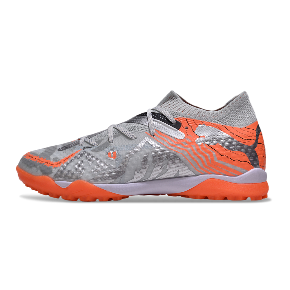 Chuteira Society Puma Future 7 TF Cinza e Laranja