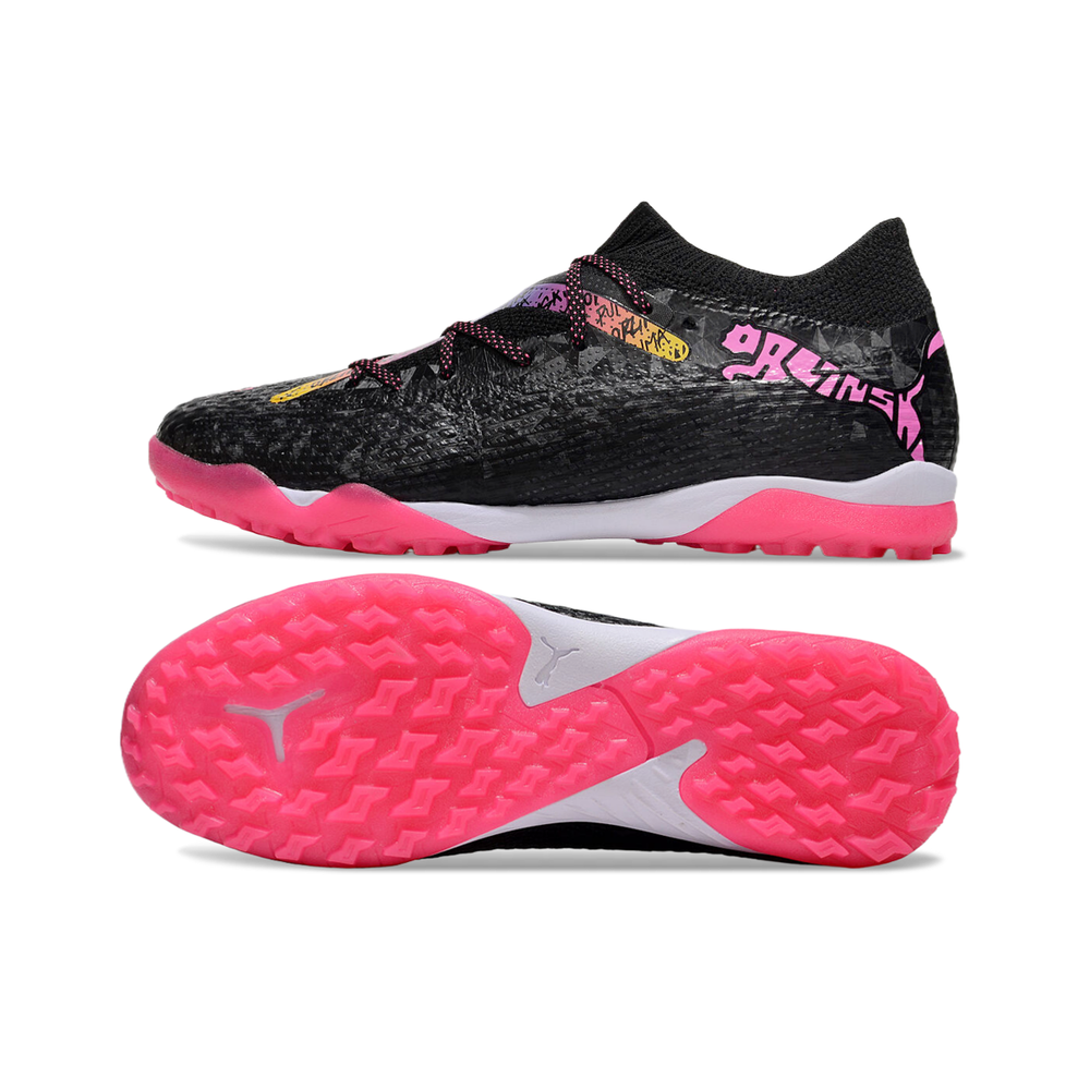 Chuteira Society Puma Future 7 TF Preta e Rosa 