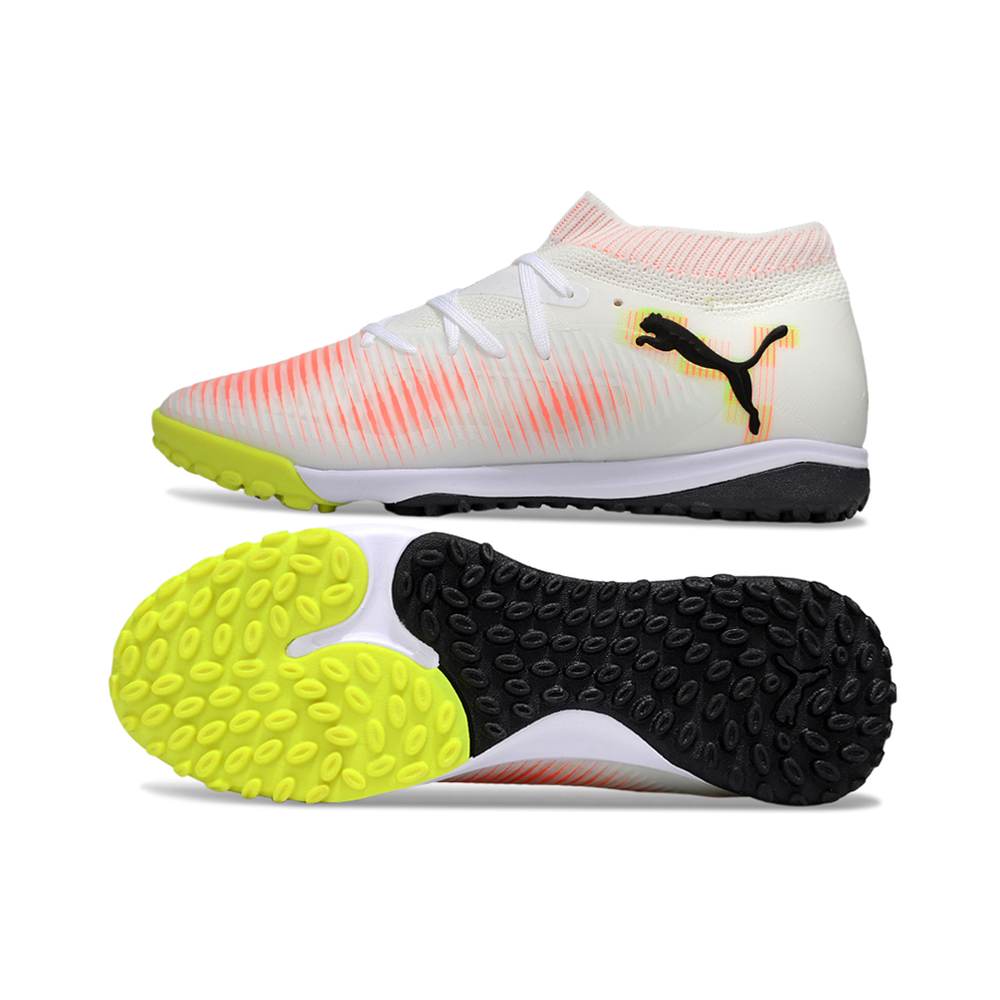 Chuteira Society Puma Future 8 TF Branco, Laranja e Amarelo