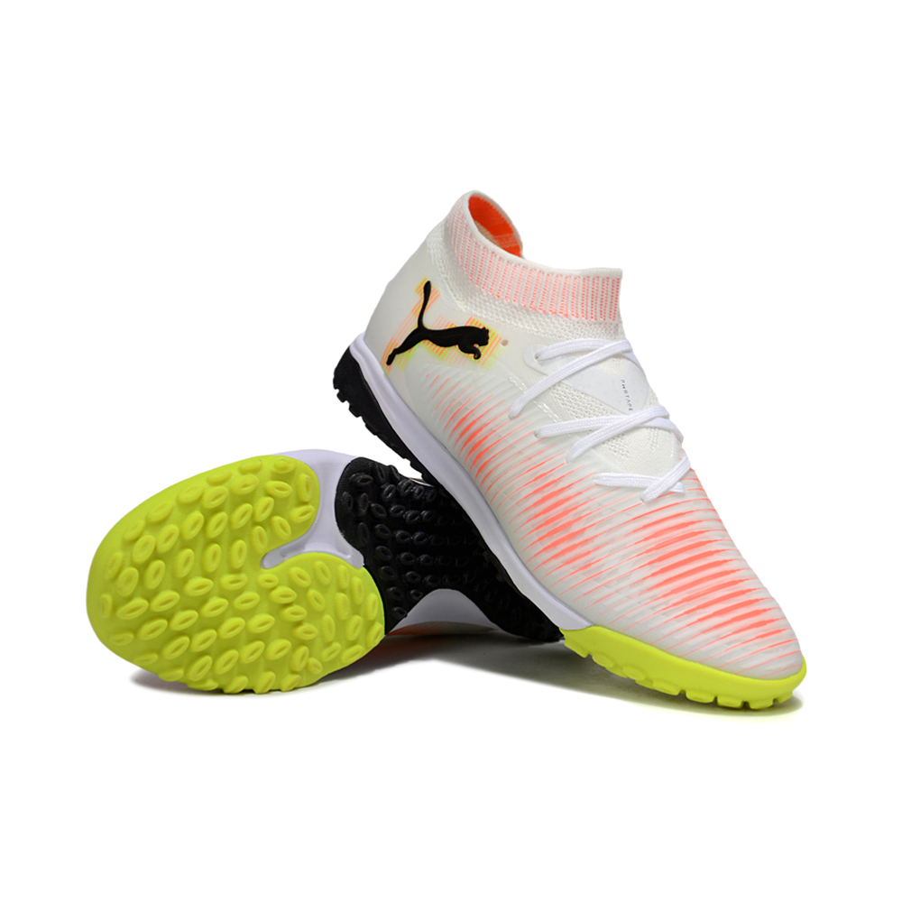 Chuteira Society Puma Future 8 TF Branco, Laranja e Amarelo