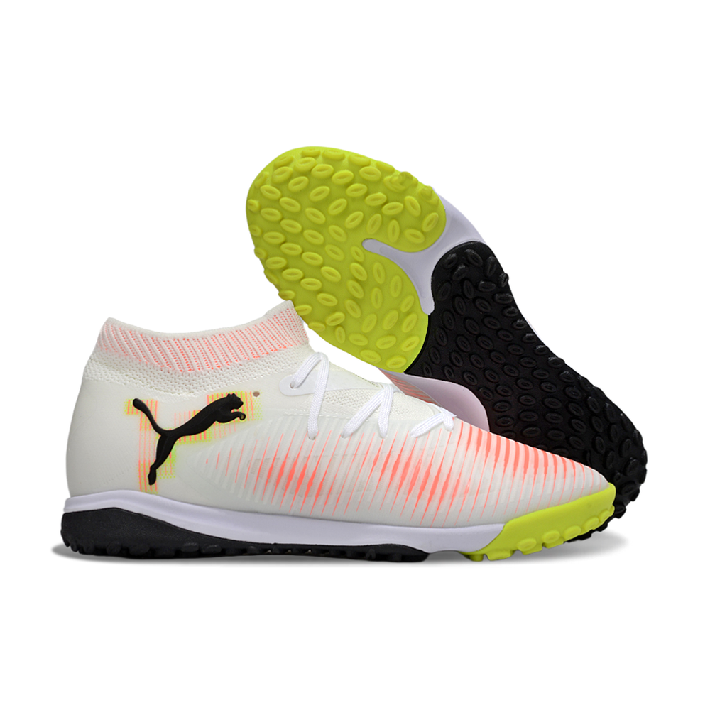 Chuteira Society Puma Future 8 TF Branco, Laranja e Amarelo