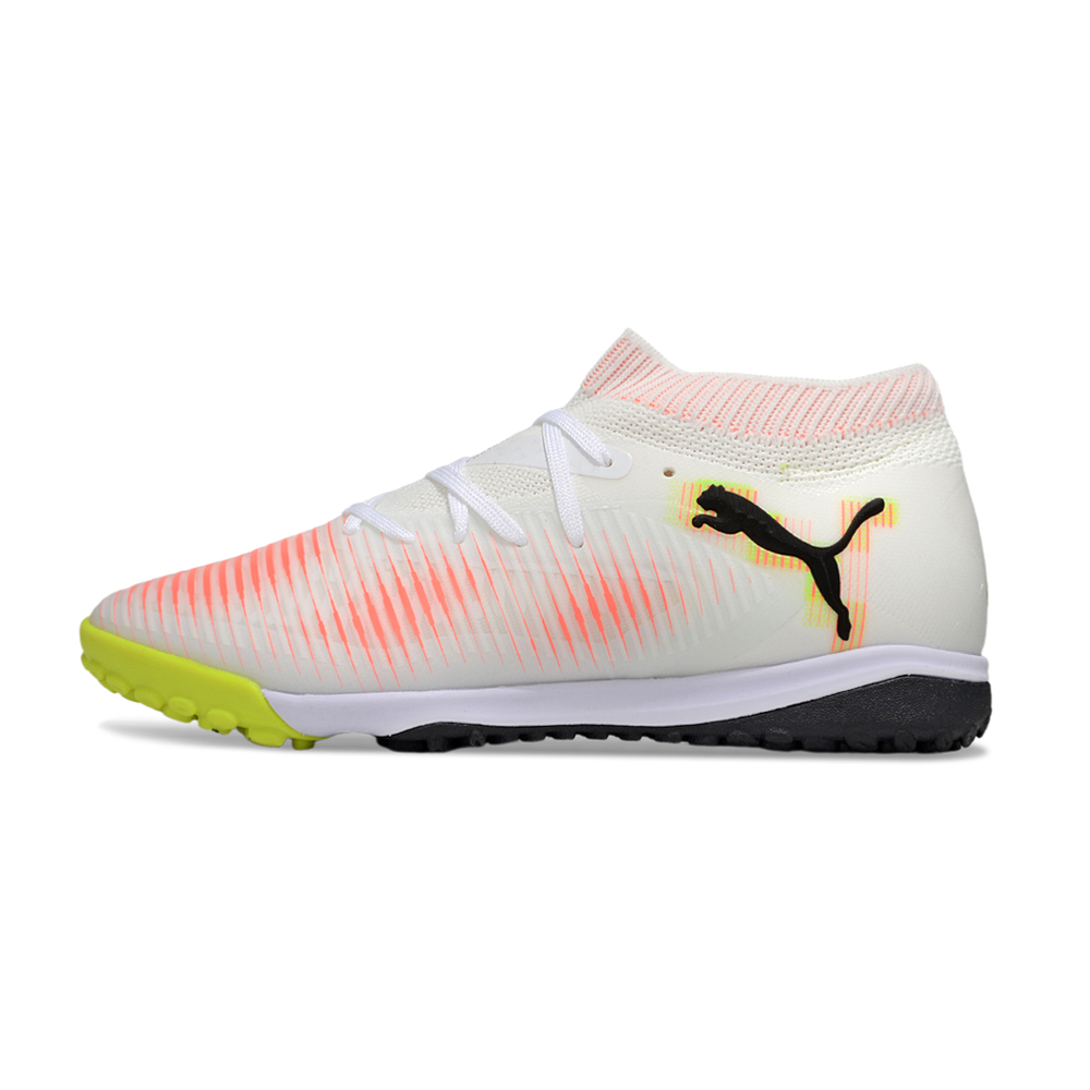 Chuteira Society Puma Future 8 TF Branco, Laranja e Amarelo