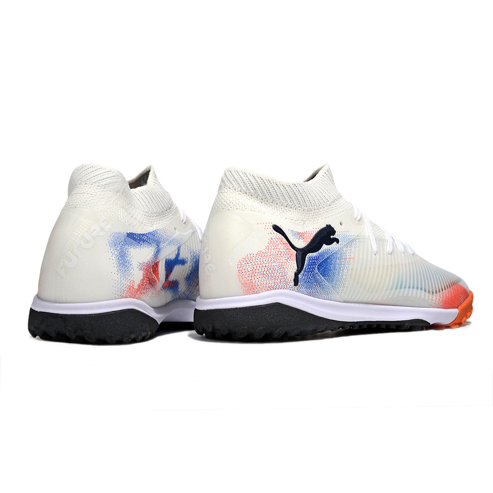Chuteira Society Puma Future 8 TF Branco, Laranja e Azul