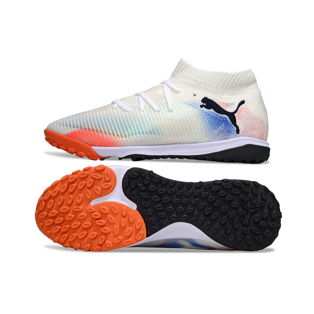 Chuteira Society Puma Future 8 TF Branco, Laranja e Azul