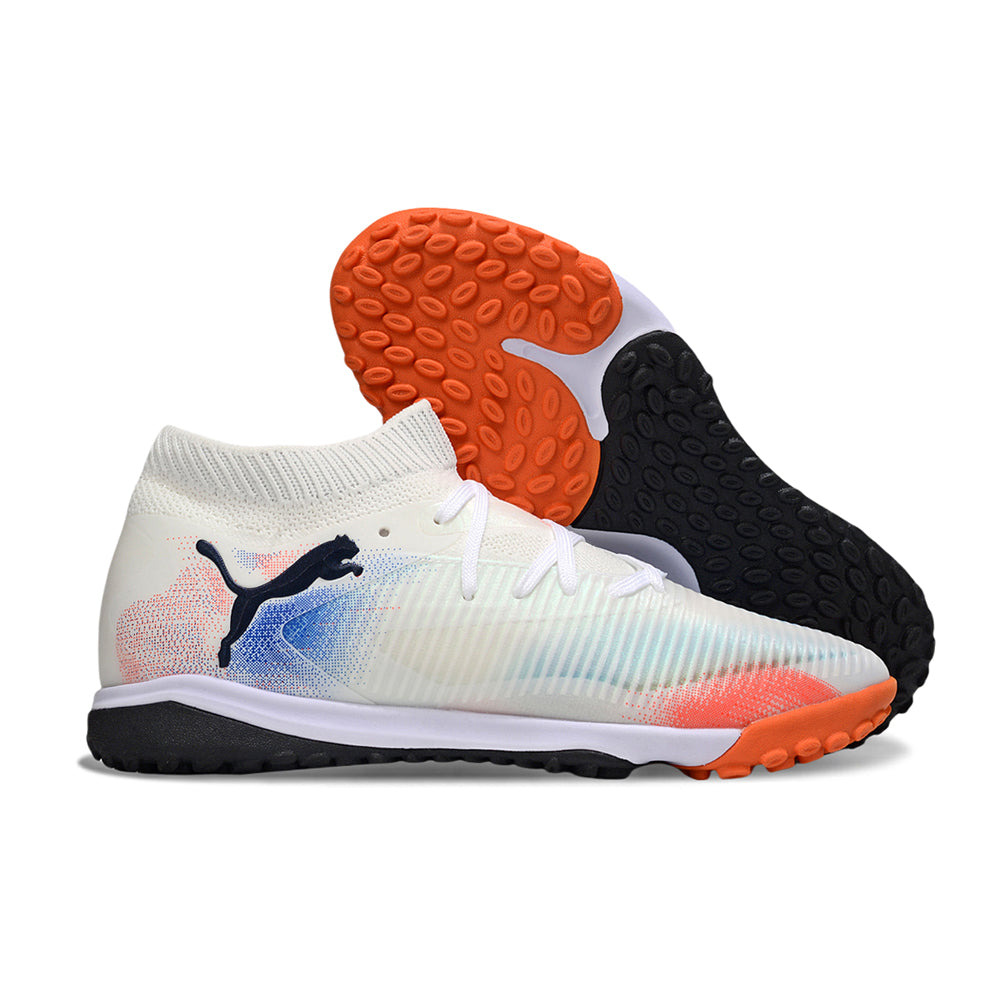 Chuteira Society Puma Future 8 TF Branco, Laranja e Azul