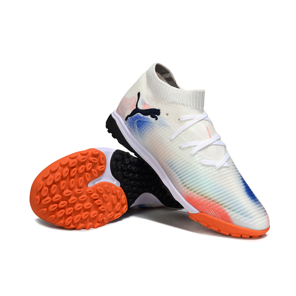 Chuteira Society Puma Future 8 TF Branco, Laranja e Azul