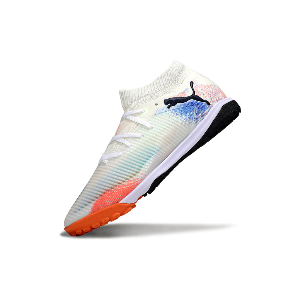 Chuteira Society Puma Future 8 TF Branco, Laranja e Azul