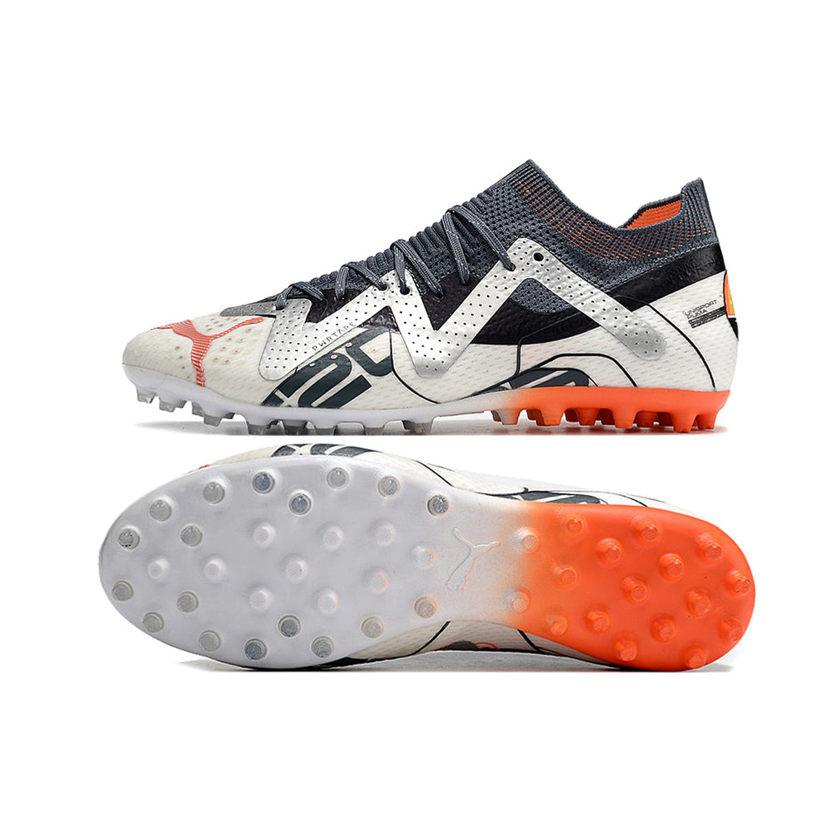 Chuteira Society Puma Future Ultimate MG Branca e Laranja