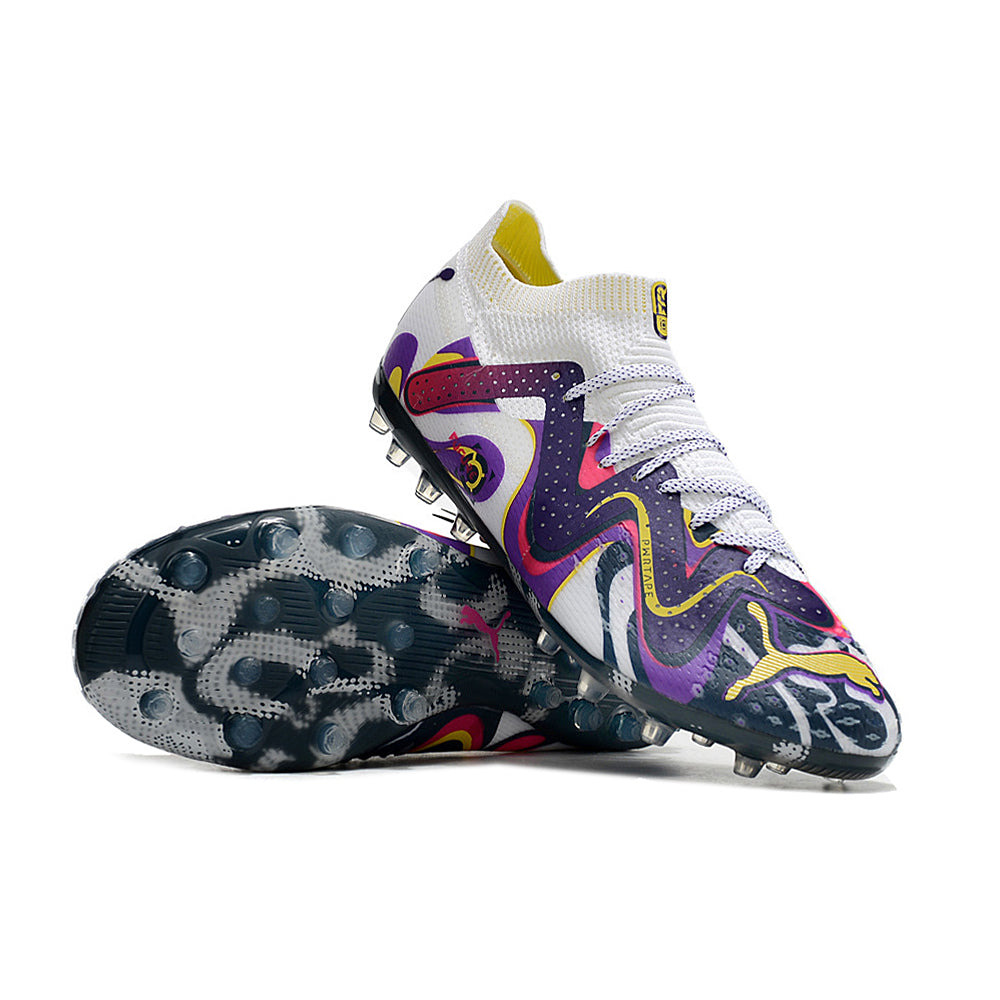 Chuteira Society Puma Future Ultimate MG Branca e Roxa 