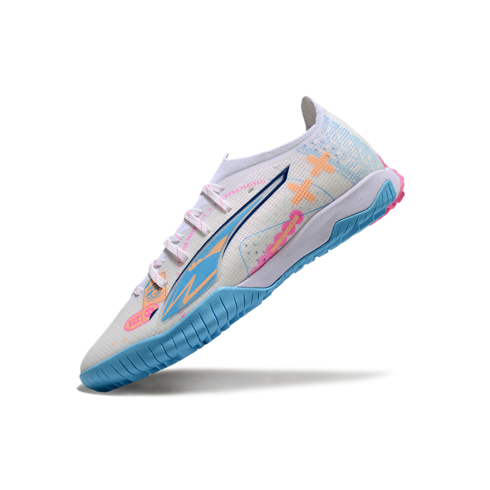 Chuteira Society Puma Ultra 5 Ultimate TF Branca e Azul 