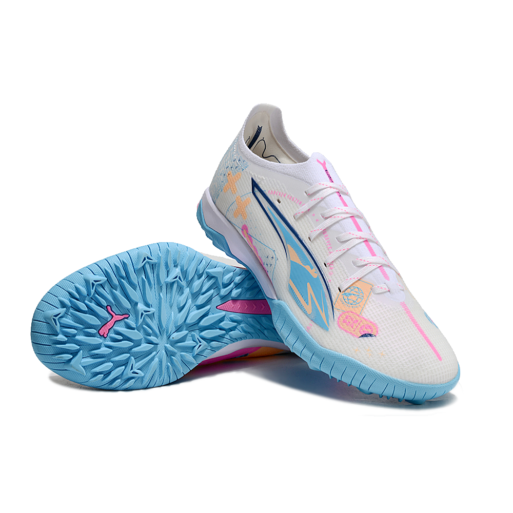 Chuteira Society Puma Ultra 5 Ultimate TF Branca e Azul 